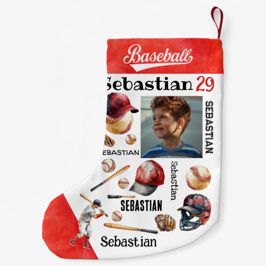 野球選手ソフトボーパーソナライズされたルの写真と名前 スモールクリスマスストッキング (裏面)