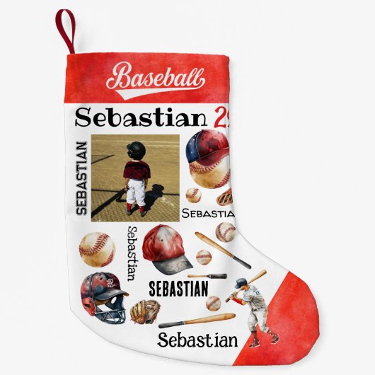 野球選手ソフトボーパーソナライズされたルの写真と名前 スモールクリスマスストッキング (正面)