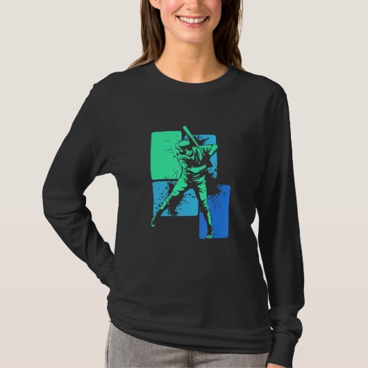 野球選手バッター緑青色捕手投手 Tシャツ (正面)