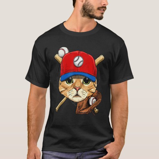 野球選手 猫 バッター 投手 キャッチャー 野球 Tシャツ (正面)