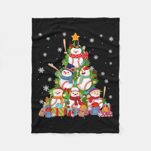 野球雪だるまクリスマスツリー投手キャッチャー フリースブランケット (正面)
