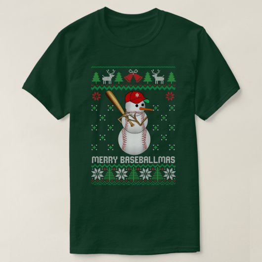 野球雪だるまボール雪醜いクリスマスセーター Tシャツ (デザイン正面)