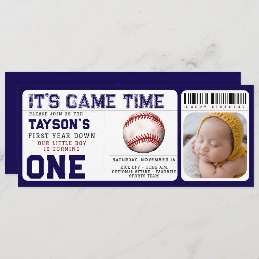 野球1年目を終える1歳の誕生日チケット 招待状 (正面/裏面)