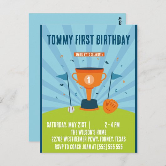 野球1歳の誕生日スポーツテーマ ポストカード (正面/裏面)