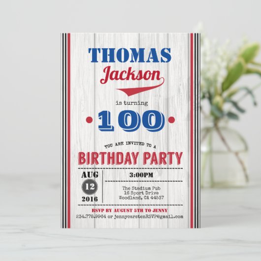 野球100歳の誕生日の招待状。素朴木材 招待状 (スタンド正面)