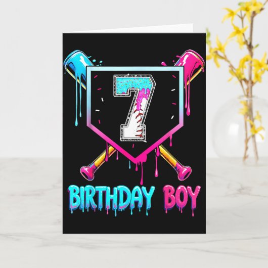 野球7歳の誕生日おめでとう少年アイスクリームドリップ7歳の誕生日おめでとう カード (黄色い花)
