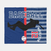 野球⚾ダークブルーとレッドのスポーツ フリースブランケット (正面(横))