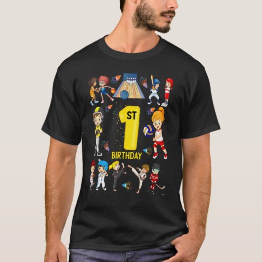 野球 バスケットボール ボウリング 1歳 1回目の誕生日 女の子 Tシャツ (正面)