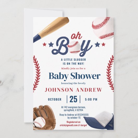 野球 ベビーシャワー 少年のヒット作がやってくる 招待状 (正面)