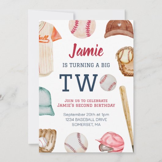 野球・二男の子2歳の誕生日 招待状 (正面)