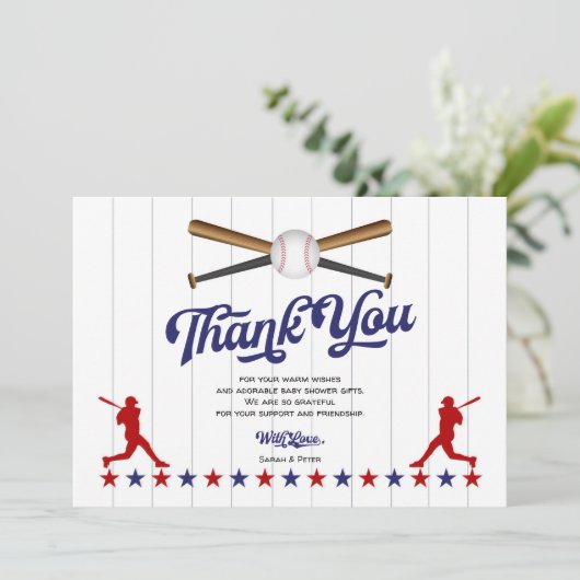 野球、男の赤ちゃんシャワーサンキューカード サンキューカード (スタンド正面)