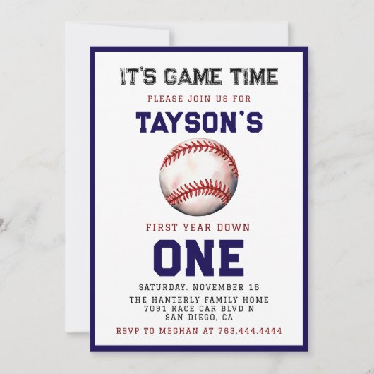 野球・1年目を終える1歳の誕生日 招待状 (正面)