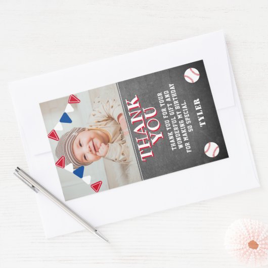 野球Chalkboardキッズフォト誕生日ありがとう 長方形シール (封筒)