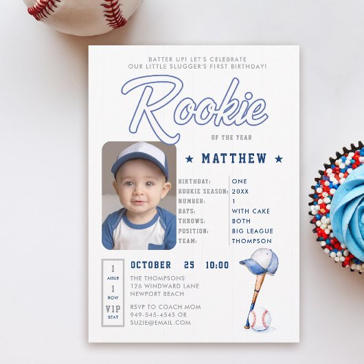 野球Rookie Statsカードフォトボーイ1st誕生日 招待状