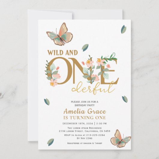 野生でonederful桃のフローラ1st誕生日 招待状 (正面)