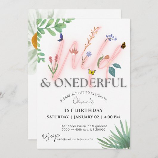 野生とオネダーフルの野花1歳の誕生日 招待状 (正面/裏面)