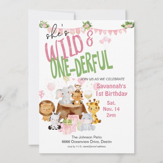 野生とオンダーフルのピンクの赤ちゃん動物誕生日 招待状 (正面)