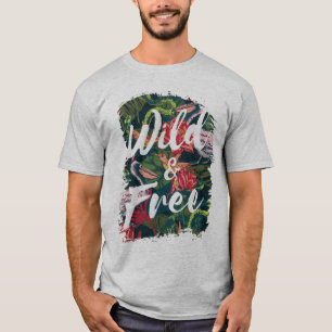 野生とフリータイポグラフィの時事鳥と花 Tシャツ