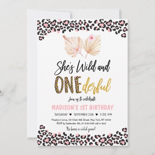 野生とワンダーフルヒョウ印刷ピンク誕生日 招待状 (正面)
