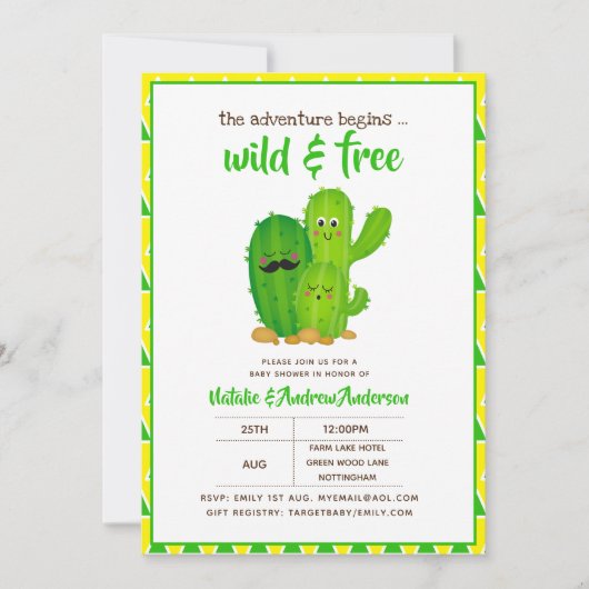 野生と無料サボテンモダンファミリーイエローグリーン 招待状 (正面)