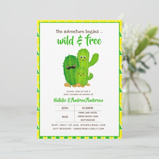 野生と無料サボテンモダンファミリーイエローグリーン 招待状 (スタンド正面)
