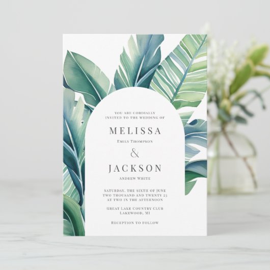 野生と熱帯の葉エキゾチック葉アーチ 招待状 (スタンド正面)