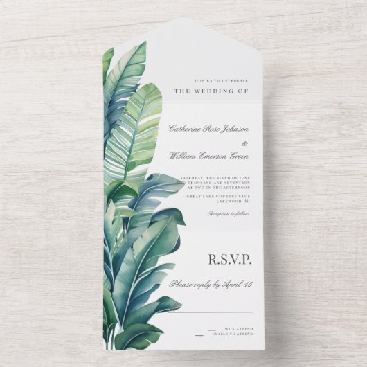 野生と熱帯葉の異国の結婚葉 オールインワン招待状 (内側)