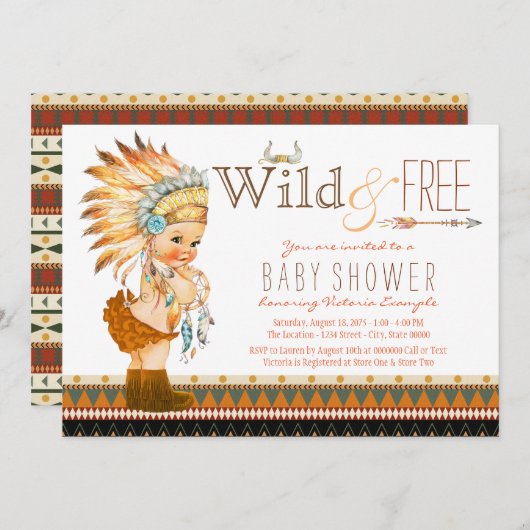 野生と自由な女の子ボホトライバルベビーシャワー 招待状 (正面/裏面)