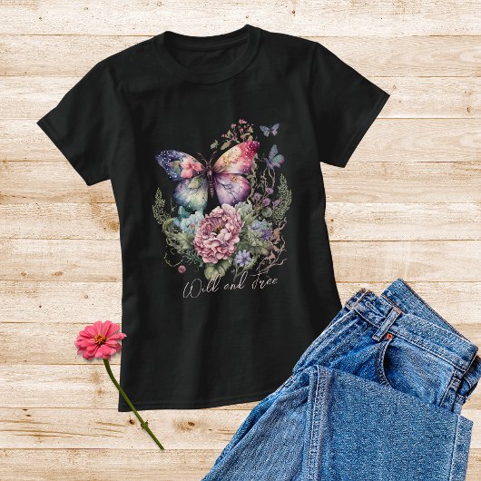 野生と自由な蝶のフローラ野生の花 トライブレンドＴシャツ