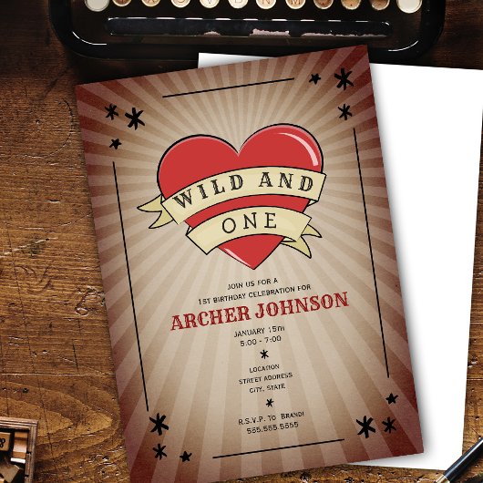 野生と1つのタトゥーハート最初の誕生日の招待 招待状