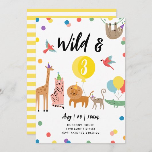 野生と3つのパーティー動物誕生日招待状 招待状 (正面/裏面)