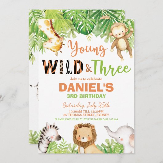 野生と3歳の幼稚園ジャングル動物 招待状 (正面/裏面)