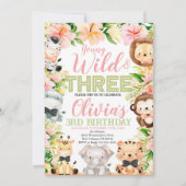 野生と3歳の若い誕生日ジャングル動物 招待状 (正面)
