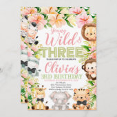 野生と3歳の若い誕生日ジャングル動物 招待状 (正面/裏面)