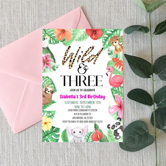野生と3熱帯動物の3番目の誕生日パーティー 招待状