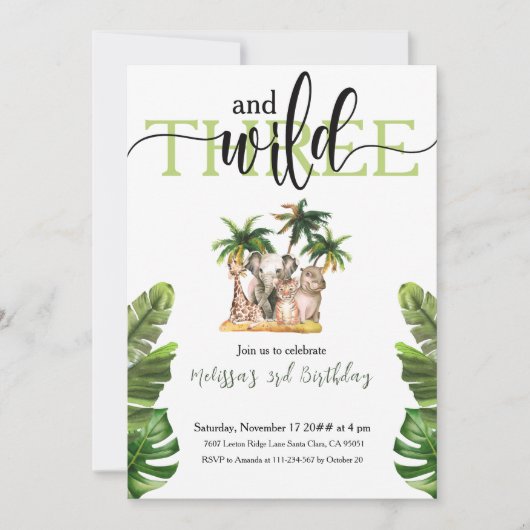 野生と3rdサファリ動物の誕生日パーティー 招待状 (正面)