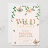 野生とonederful桃のフローラ女の子の最初の誕生日 招待状 (正面)