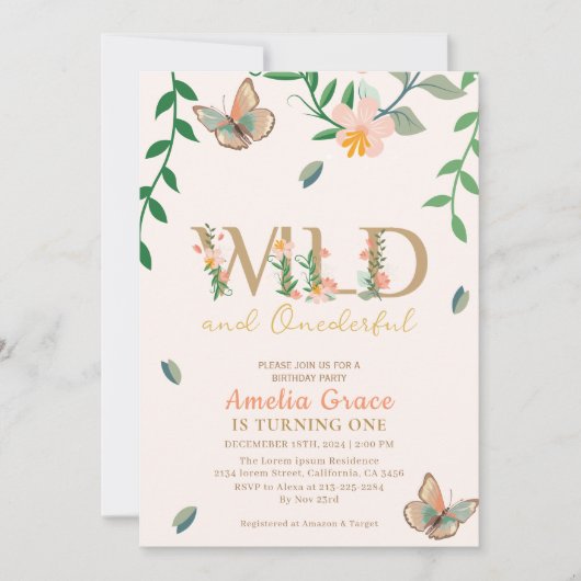 野生とonederful桃のフローラ女の子の最初の誕生日 招待状 (正面)