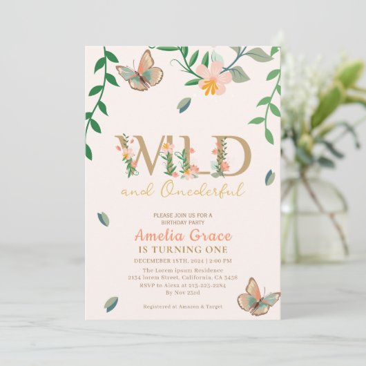 野生とonederful桃のフローラ女の子の最初の誕生日 招待状 (スタンド正面)