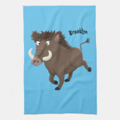 野生のおもしろいイノシシのラズルバック漫画イラストレーション キッチンタオル (縦)