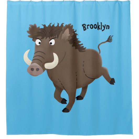 野生のおもしろいイノシシのラズルバック漫画イラストレーション シャワーカーテン (正面)