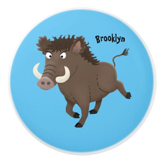 野生のおもしろいイノシシのラズルバック漫画イラストレーション セラミックノブ (正面)