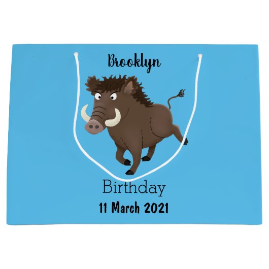 野生のおもしろいイノシシのラズルバック漫画イラストレーション ラージペーパーバッグ (正面)