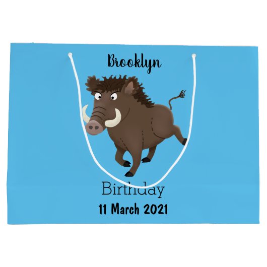 野生のおもしろいイノシシのラズルバック漫画イラストレーション ラージペーパーバッグ (裏面)