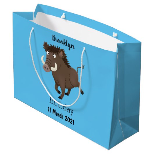 野生のおもしろいイノシシのラズルバック漫画イラストレーション ラージペーパーバッグ (裏面アングル)