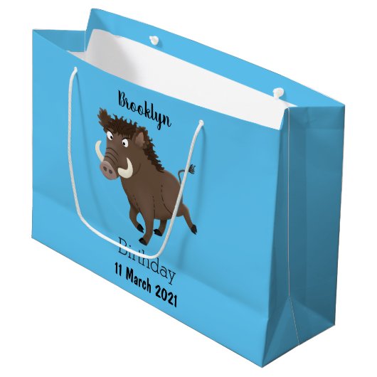 野生のおもしろいイノシシのラズルバック漫画イラストレーション ラージペーパーバッグ (正面アングル)