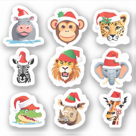 野生のおもしろいサファリの動物サンタ・クリスマス・コスチューム シール (正面)