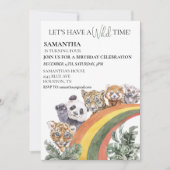 野生のかわいいジャングル動物レインボーバースデーパーティー 招待状 (正面)