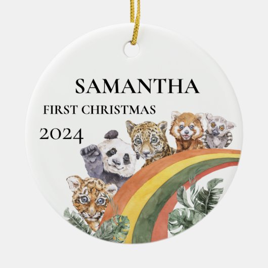 野生のかわいいジャングル動物レインボー初めてのクリスマス セラミックオーナメント (正面)