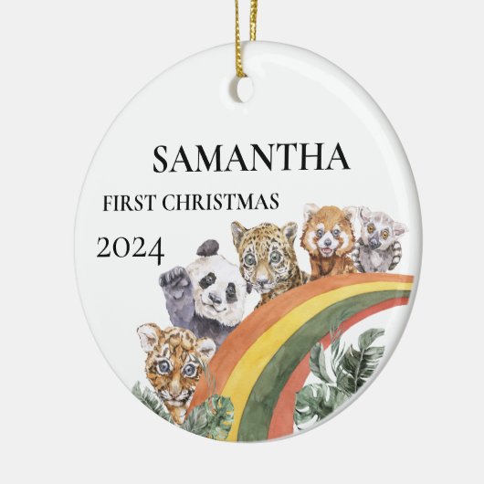 野生のかわいいジャングル動物レインボー初めてのクリスマス セラミックオーナメント (左)